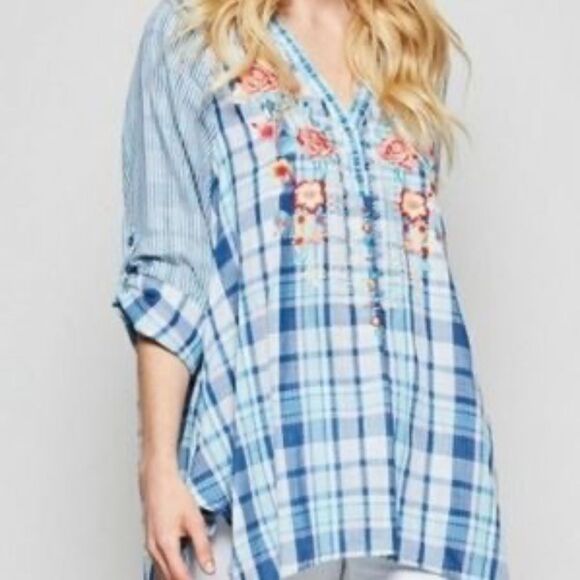 Angel Heart Boutique Boho Stripe/Plaid Embroidered Tunic Top Sz 1X - Picture 1 of 7
